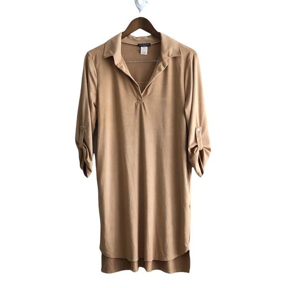 Cha Cha Vente Soft Suede Flowy Relaxed VNeck 3/4 Sleeve Mini Dress Tan - Picture 13 of 13